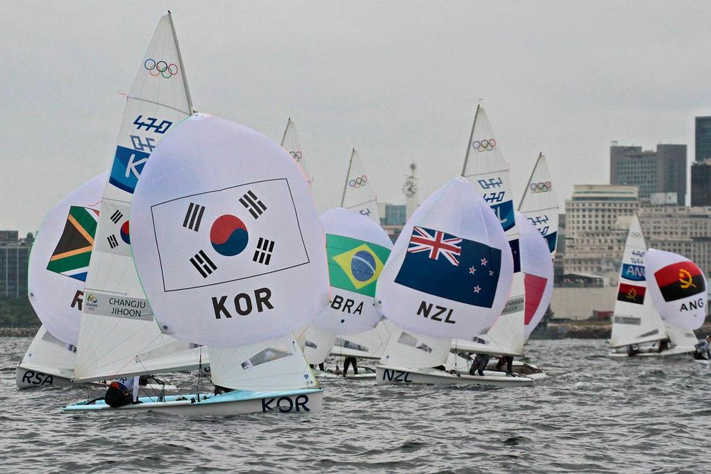 Jo Aleh and Polly Powrie re-engage with the fleet at the start of Leg 2, Race 1 - Womens 470 © Richard Gladwell www.photosport.co.nz